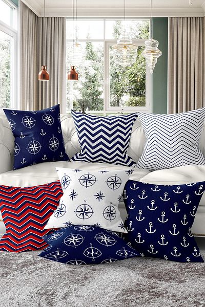 Realhomes Σετ 7 μαξιλαροθήκες διπλής όψης Navy Blue Sailor με γεωμετρικά σχέδια με ψηφιακή εκτύπωση