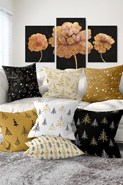 Realhomes 7'li Çift Taraflı Renkli Çam Ağacı Çizimli Dijital Baskılı Kırlent ...