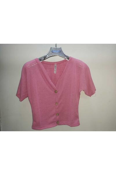 KSV Collection Keten Göbek Üstü Düğmeli T-shirt ( V Yaka )