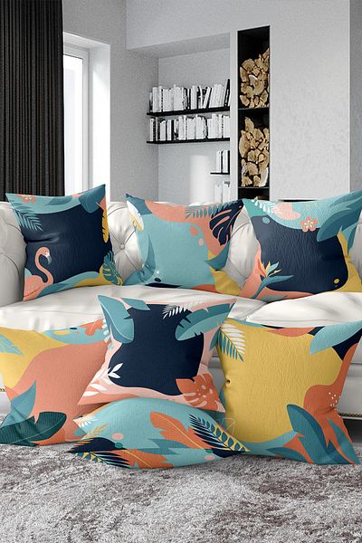 Realhomes Set of 7 Double Sided Colorful Tropical Leaf Design Digital Printed Throw Pillow Covers