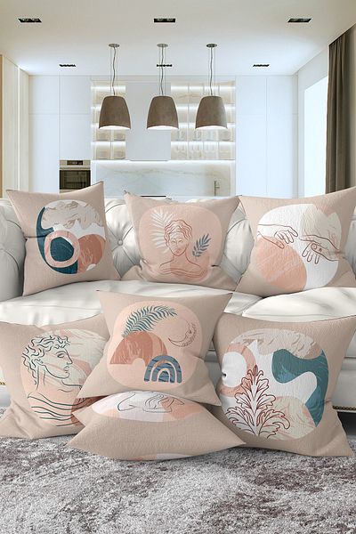 Realhomes Set of 7 Double Sided Mink Background Ethnic Design Digital Printed Throw Pillow Covers