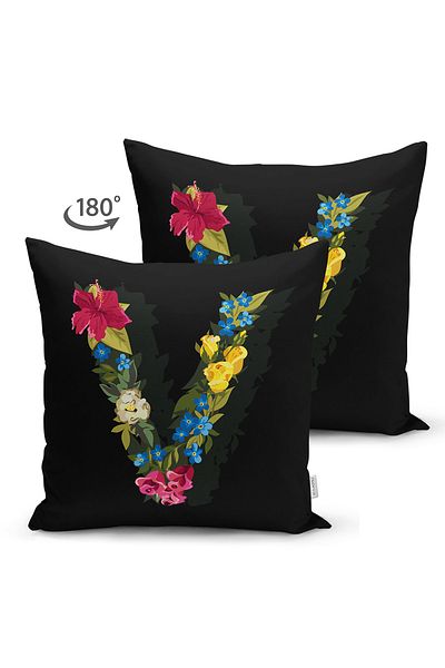 Realhomes Double Sided Black Floor Colored Rose Themed Letter V Special Design Modern Suede Pillow Throw Pillow Cover