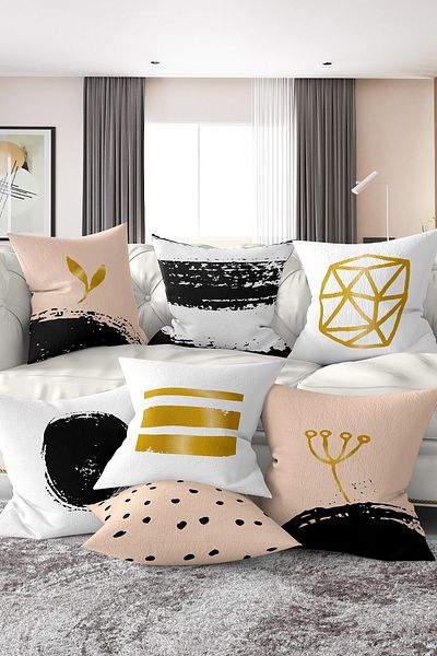 Realhomes Set of 7 Double Sided Special Design Gold Detailed Digital Printed Throw Pillow Covers