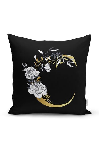 Realhomes Fundal negru Motiv trandafir alb Litera aurie C Design personalizat Husă de pernă cu imprimare digitală