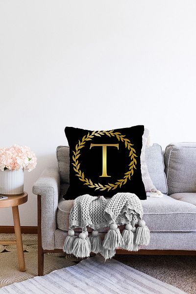 Realhomes Cu două fețe, fundal negru, frunze de aur, cu literă T, design special, tricotată Raschel, husă de pernă.
