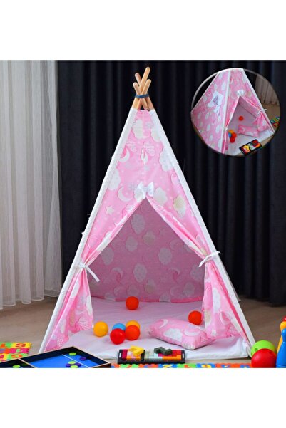 miniks Pamuklu Ahşap Çocuk Oyun Çadırı Evi Kızılderili Çadırı Yastık