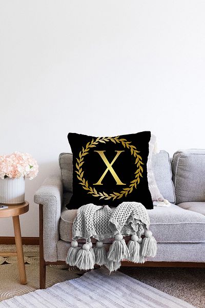 Realhomes Cu două fețe, fundal negru, frunze de aur, cu litera X, cu ramă, design special, husă de pernă tricotată Raschel.