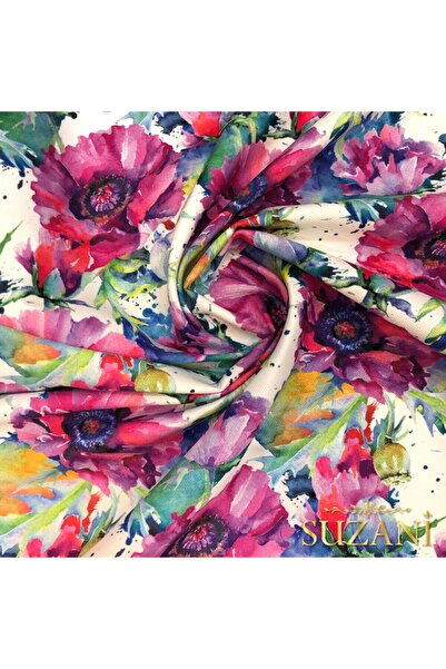 SUZANİ Fuşya Yaz Çiçekleri Dijital Baskılı Kumaş Kms-1073