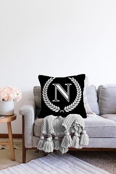 Realhomes Față de pernă Raschel, cu două fețe, cu litera N, cu design special, imprimată digital, alb-negru