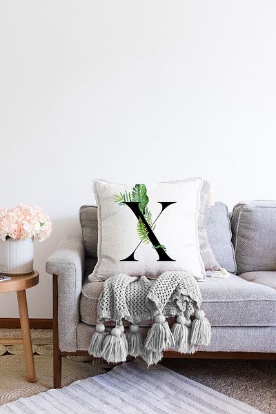 Realhomes Διπλής όψης Λευκό φόντο με μοτίβο φύλλου μαύρο γράμμα X Ειδικό σχέδιο Raschel πλεκτό κάλυμμα μαξιλαριού ριχτάρι