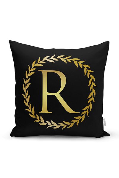 Realhomes Fundal negru, frunze de aur, cu litera R, design personalizat, imprimat digital, husă de pernă