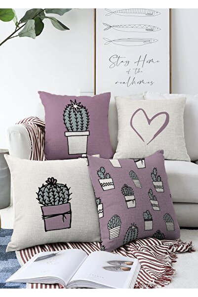 Realhomes 4'lü Çift Taraflı Efaltun & Beyaz Kaktüs Tasarımlı Dijital Baskılı ...