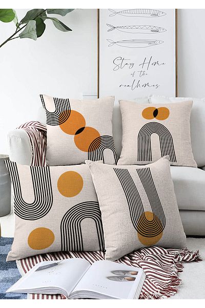 Realhomes Set de 4 fețe de pernă tricotate Raschel cu desen geometric cu două fețe, design abstract, imprimat digital