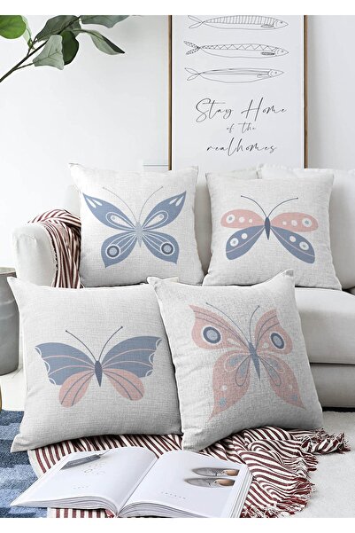 Realhomes 4'lü Çift Taraflı Beyaz Zemin Pembe & Mavi Kelebek Tasarımlı Modern...