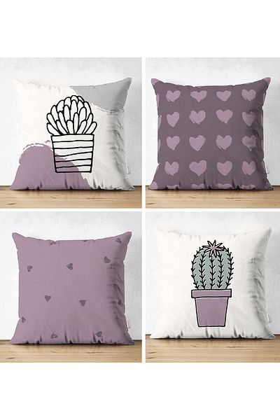 Realhomes Σετ 4 μαξιλαροθήκες διπλής όψης Heart & Cactus Special Design Digital Printed Modern Suede Throw