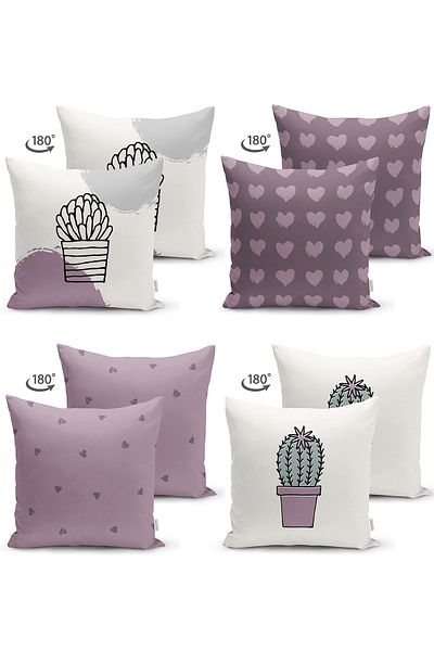 Realhomes Σετ 4 μαξιλαροθήκες διπλής όψης Heart & Cactus Special Design Digital Printed Modern Suede Throw