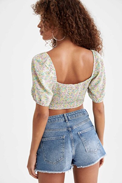 DeFacto Çiçekli Kare Yaka Balon Kollu Crop Bluz U9479az21hs