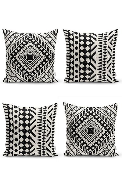Realhomes Set de 4 huse de perne moderne, cu desen etnic geometric alb-negru, imprimate digital