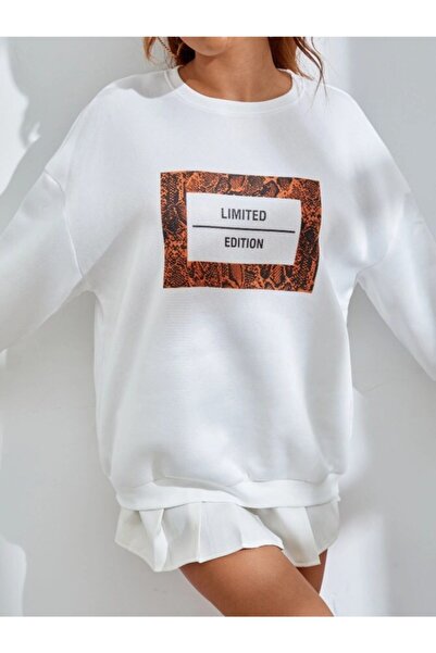 MODAGEN Women's Crew Neck Limited Edition Printed Oversize White Sweatshirt