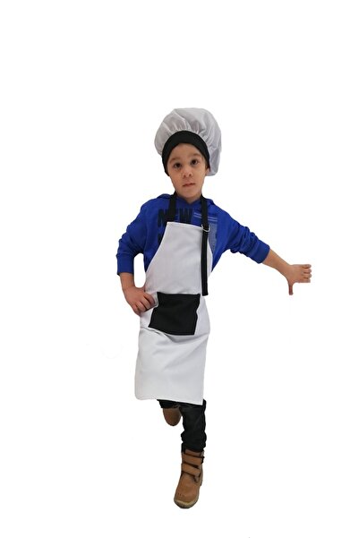 Mezuniyetshop Çocuk Mutfak Önlüğü Şapkalı Beyaz Siyah