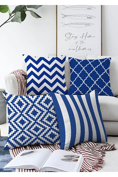 Realhomes Σετ 4 διπλής όψης Navy Blue γεωμετρικά σχέδια Ειδικού σχεδιασμού Μοντέρνο Raschel πλεκτό κάλυμμα μαξιλαριού ριχτάρι