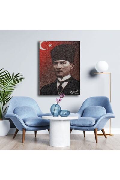 Desenlio Türk Bayraklı İmzalı Atatürk Portresi Kanvas Tablo