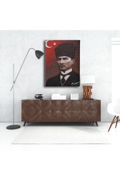 Desenlio Türk Bayraklı İmzalı Atatürk Portresi Kanvas Tablo