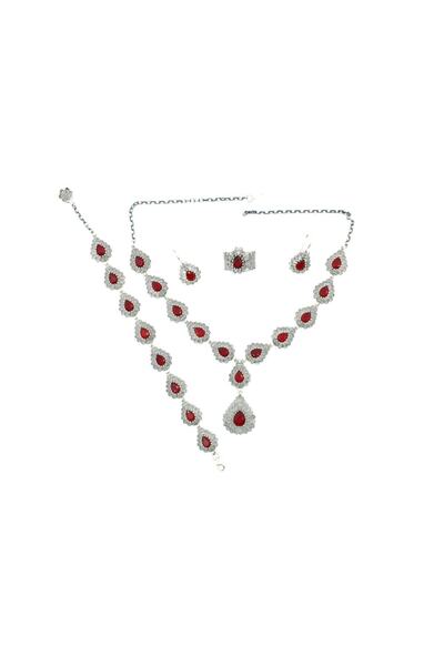 Aykat Kök Yakut Taşlı Telkari Gümüş Takım Kolye Bileklik Küpe Üçlü Set Tkm-204