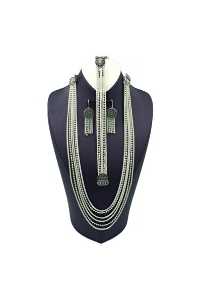 Aykat Midyat Hasırı Gümüş Takım Akıtmalı Çok Zincirli Kolye Bileklik Küpe Set Tkm-202