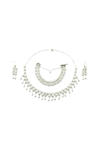 Aykat Iki Sıralı Kişniş Akıtma El Yapımı Telkari Gümüş Takım Kolye Bileklik Küpe Seti Tkm-224