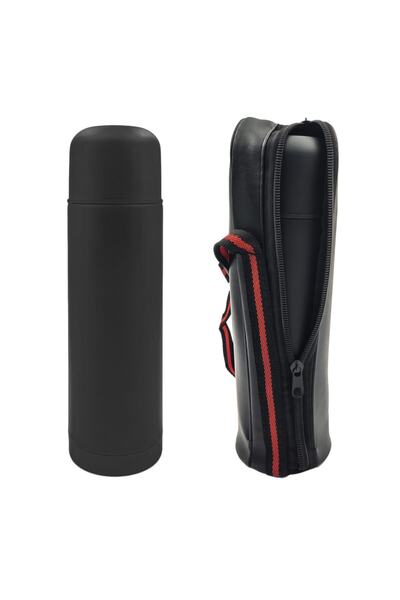 VegaHediye ترمس ستيل أسود 500 مل مع حقيبة جلدية