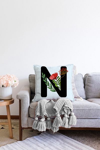 Realhomes Cu două fețe, podea albastră, cu model de flori, literă neagră N, design special, husă de pernă tricotată Raschel