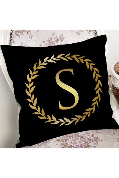 Realhomes Fundal negru, frunze de aur, cu litera S, design special, cu imprimeu digital, husă de pernă