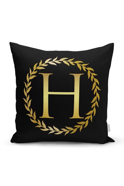 Realhomes Fundal negru, frunze de aur, litera H, design special, husă de pern...