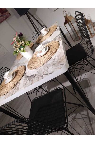 Cosargroup Masa Sandalye Takımı Beyaz Mermer Desen110x70 Masa 4sandalye Seti