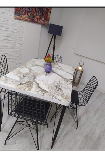 Cosargroup Masa Sandalye Takımı Beyaz Mermer Desen110x70 Masa 4sandalye Seti