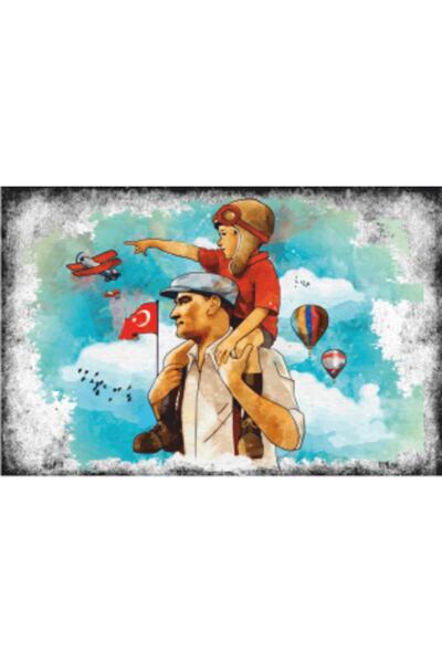Hayat Poster Çocuklarla Mustafa Kemal Atatürk Serisi 4 Retro Vintage Ahşap Po...