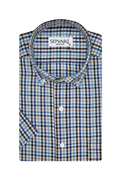 SÜVARİ Desenli Kısa Kollu Mavi Erkek Gömlek