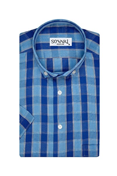 SÜVARİ Desenli Kısa Kollu Mavi Erkek Gömlek