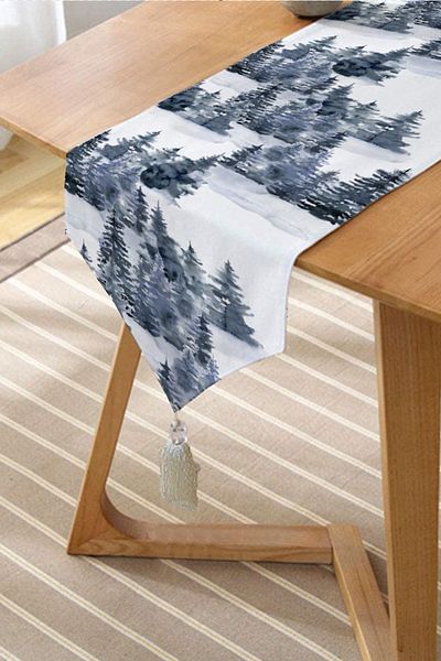Realhomes Watercolor Drawing Winter Themed Pine Trees Digital Printed Decorative Tufted Chenille Triangle Runner