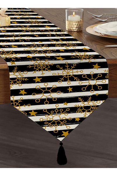 Realhomes Alergăr triunghiular din chenille cu smocuri decorative negre cu model auriu cu fundal alb