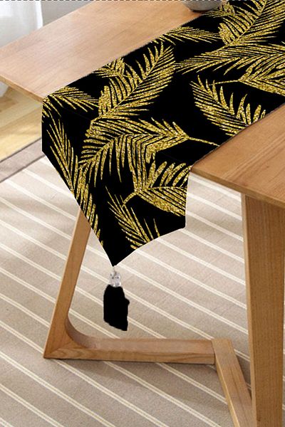Realhomes Frunze de culoare aurie cu model imprimat digital cu design special cu smoc de chenille pe fundal negru