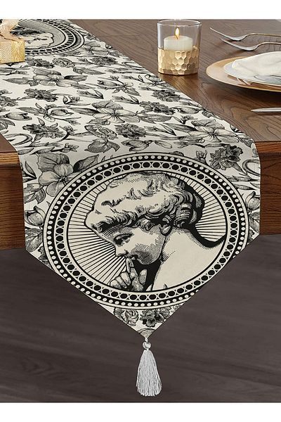 Realhomes Cărbune cu flori și portrete cu model digital imprimat decorativ decorativ cu ciucuri de chenille triunghiular