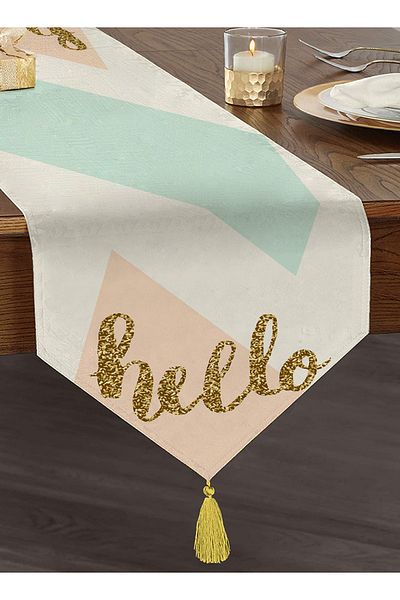 Realhomes Χρυσό Hello Written Μοντέρνα Μοτίβα Ψηφιακή Εκτύπωση Ειδικού Σχεδιασμού Φούντα Chenille Triangle Runner