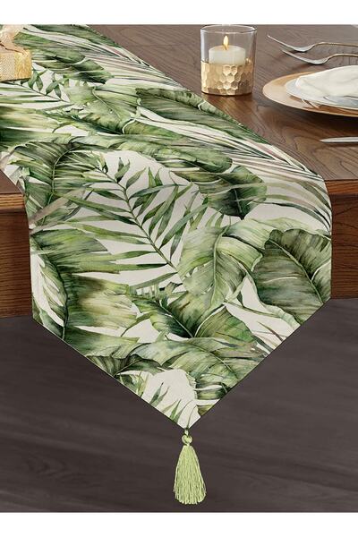 Realhomes Yeşil Tropik Yapraklar Tasarımlı Dijital Baskılı Dekoratif Püsküllü...