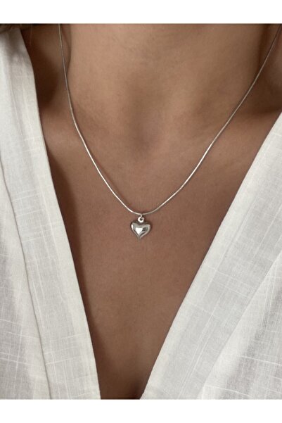 Vi store Gümüş Renk Bombeli Kalp Kolye