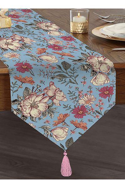 Realhomes Fundal albastru Daisy & Rose Design Digital Printed Modern Chenille Chenille Triunghi Runner