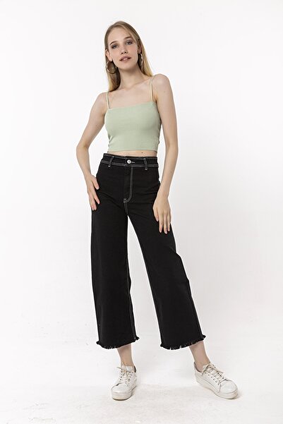 Darkly Jeans Süper Yüksek Bel Kontrast Siyah Dikişsiz Culotte Fit Pantolon