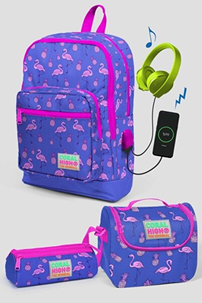 Yaygan Çanta Coral High Purple Flamingo Patterned School Bag Set - Girl