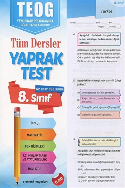 Element Yayınları 8. Sınıf Teog Tüm Dersler Yaprak Test 62 Test, 835 Soru